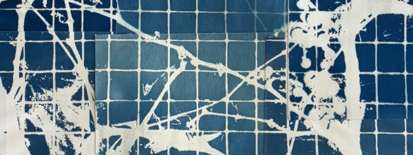 white vines moving across a grid of small blue squares