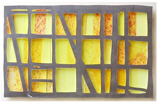 gray horizontal grid, 3 rows high, 6 rows wide, over yellow rectangles in range of tones. Bounty's Glow by Bill Brookover