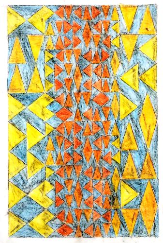 vertical rows of yellow and orange triangles on a blue field