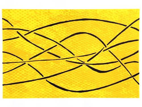 3 color screenprint on Stonehenge paper. Seven dark lines move from left to right across a field of variegated yellow color.