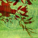 red leaves against a green textured background. Green Leaves #2, monoprint by Bill Brookover.
