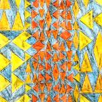 vertical rows of yellow and orange triangles on a blue field