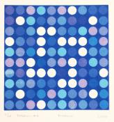 square grid of circles in blue and purple on blue background, Rotations #9, screenprint by Bill Brookover
