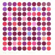 square grid of dots in red, pink, and purple, Rotations #12, screenprint by Bill Brookover