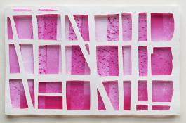 white horizontal grid, 3 rows high, 6 rows wide, over pink rectangles in range of tones. Magenta Window #1 by Bill Brookover