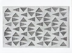 black and white striped triangles in a horizontal grid, seen through a top layer of light gray. Vibrating Triangles (Gray on Black) by Bill Brookover