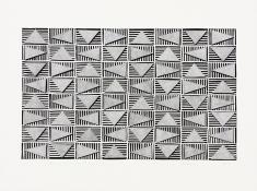 Gray triangles in a horizontal grid, floating over a layer of black and white striped rectangles. Rotating Triangles (Gray on Black) by Bill Brookover