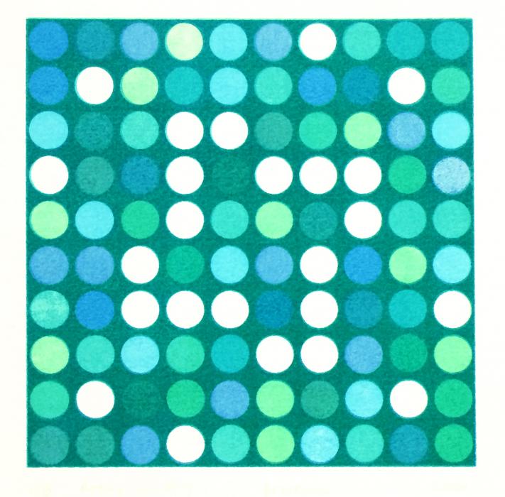 square grid of circles in blue and green on bluegreen background, Rotations #7, screenprint by Bill Brookover