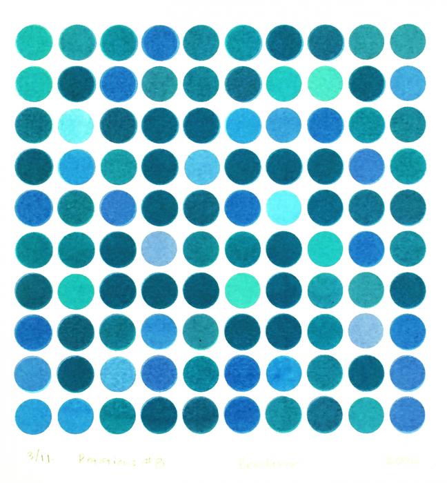 square grid of dots in dark blue and light blue, Rotations #8, screenprint by Bill Brookover