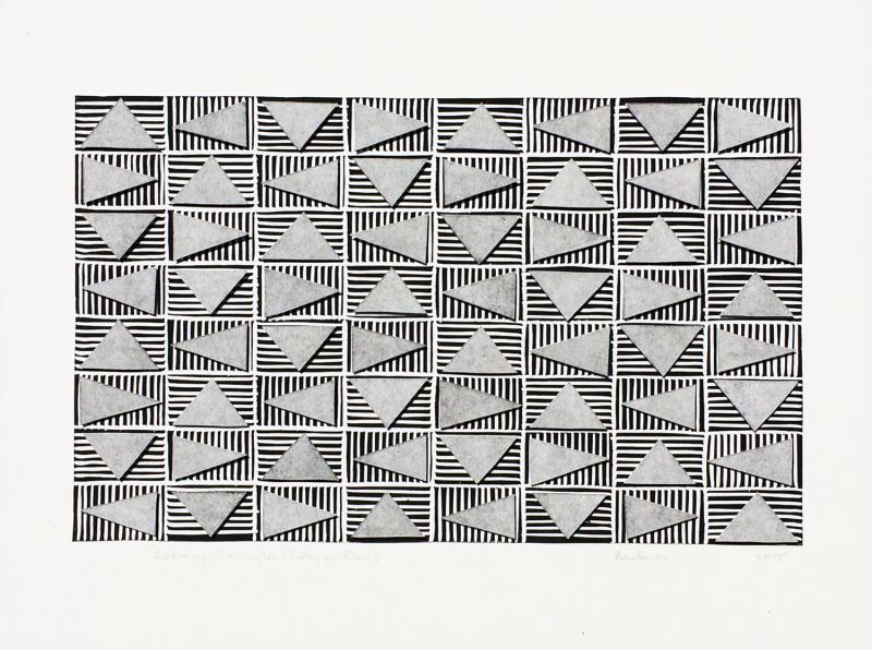 Gray triangles in a horizontal grid, floating over a layer of black and white striped rectangles. Rotating Triangles (Gray on Black) by Bill Brookover