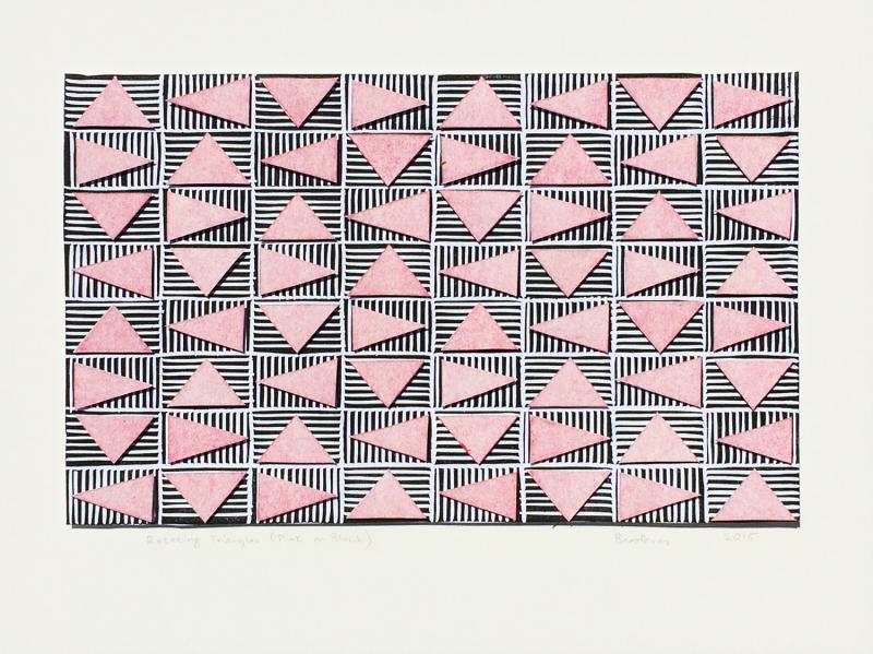 Pink triangles in a horizontal grid, floating over a layer of black and white striped rectangles. Rotating Triangles (Pink on Black) #2 by Bill Brookover