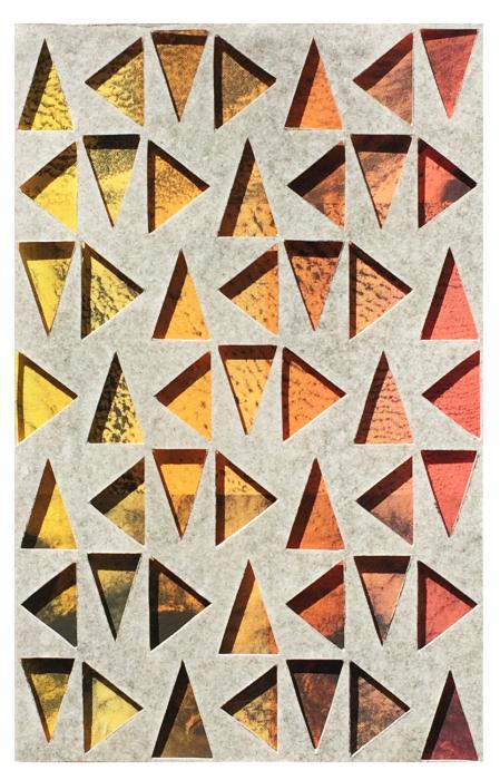 multicolor red, yellow & orange triangles in a vertical grid, seen through a top layer of light gray. Atmospheric Triangulations #1 by Bill Brookover