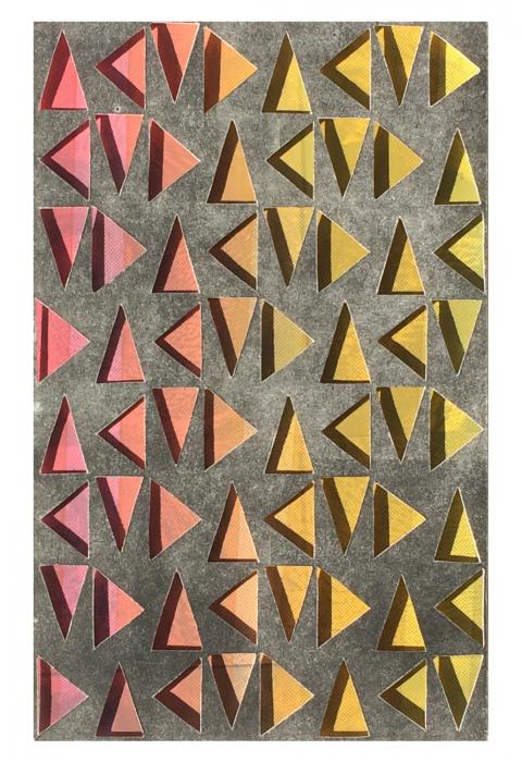 multicolor red, yellow & orange triangles in a vertical grid, seen through a top layer of dark gray. Atmospheric Triangulations #2 by Bill Brookover