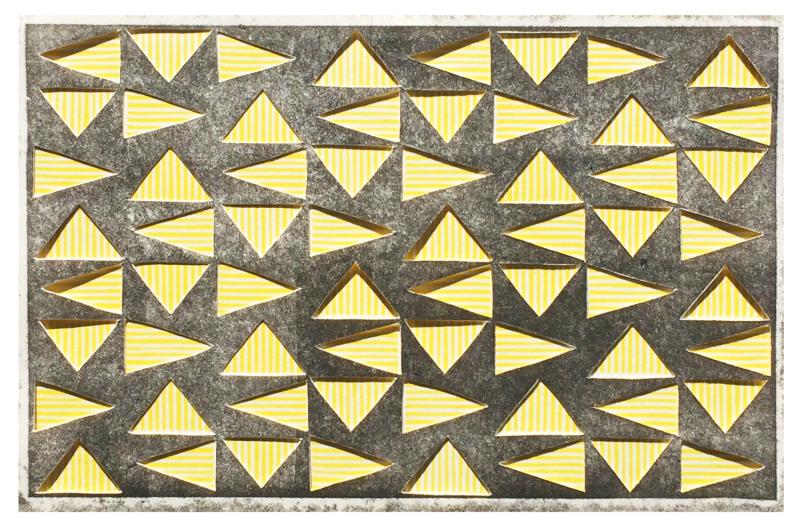 yellow and white striped triangles in a horizontal grid, seen through a top layer of dark gray. Vibrating Triangles (Gray on Yellow) by Bill Brookover