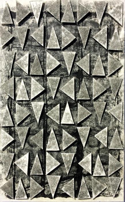 Gray triangles in a vertical grid, floating over a black and gray monoprint background. RT Black Sky, relief and collage print by Bill Brookover