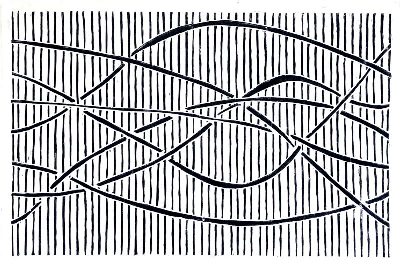 seven lines flowing from left to right over a field of narrow vertical lines