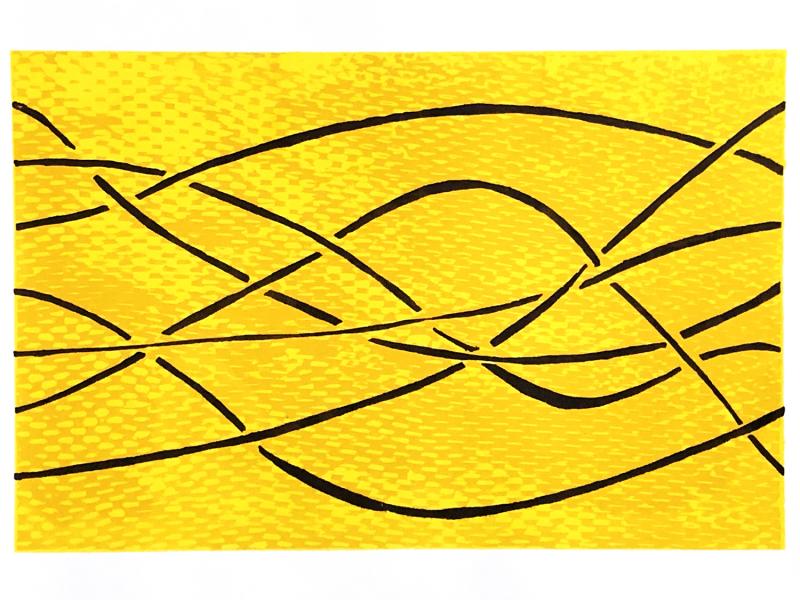 7 lines move rhythmicly from left to right across a field of varied yellow textures