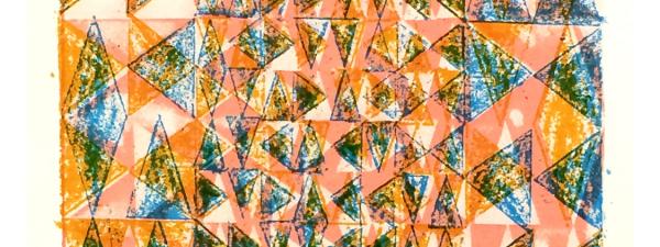 Multi-color triangles arranged in a vertical grid, overprinted in pink, orange, & blue