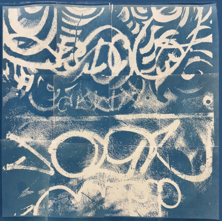 white graffiti lines and text across a blue background