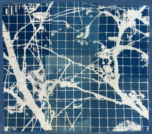 white vines moving across a grid of small blue squares